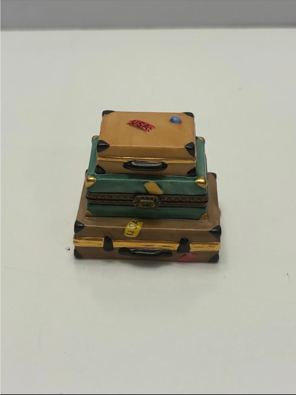 vintage miniature porcelain stacked luggage trinket box